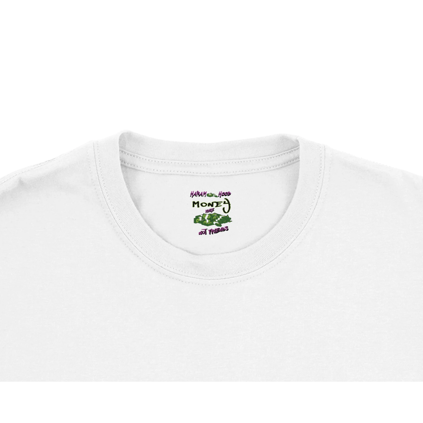 7HARAMHOOD Money Not Friends T-Shirt White Green Purple Streetwear Detail
