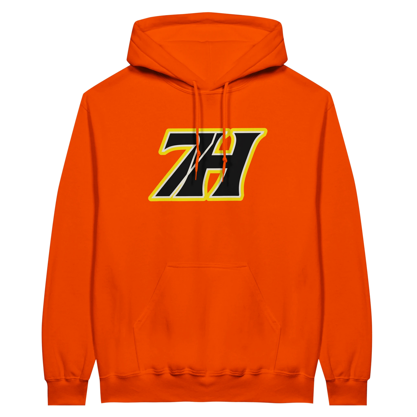 Oranger 7H Hoodwear Hoodie mit gelb-schwarzem Front- und Rückenprint - Haramhood Streetwear