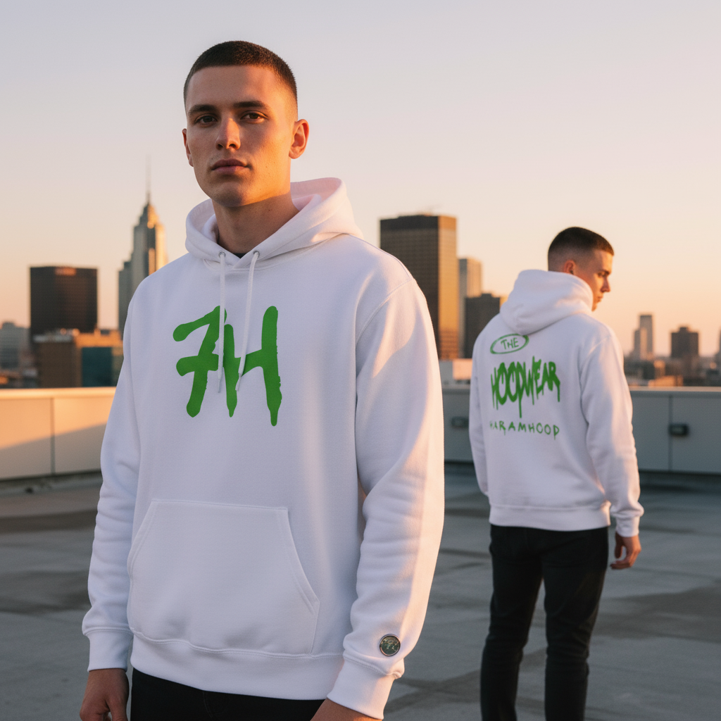 Produktname: 7HARAMHOOD White Graffiti 7H Hoodie – Neon Green
ALT-Text: 7H White Graffiti Design Detail Neon Green Nahaufnahme Premium Hoodie