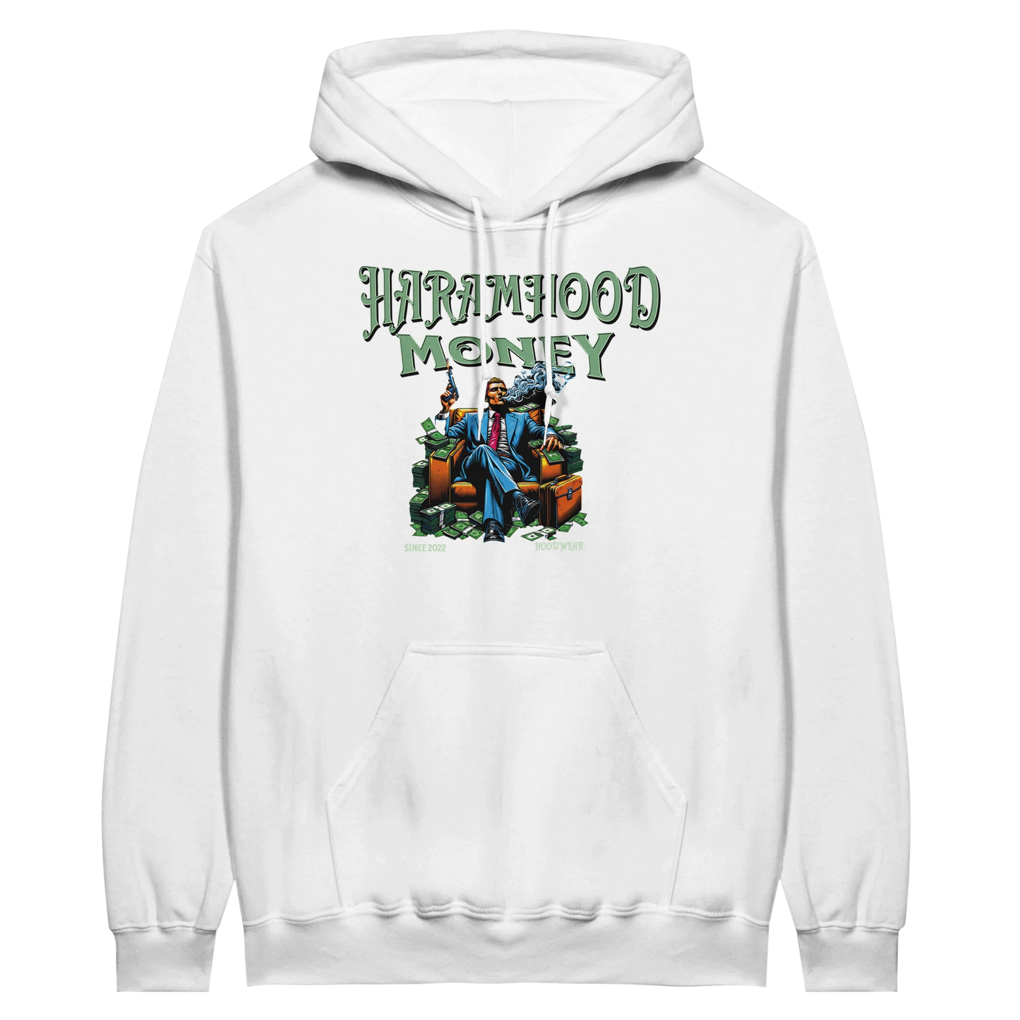 Haramhood Money Hoodie Weiß Rückseite - Diagonaler grüner Schriftzug auf weißem Premium Hoodie