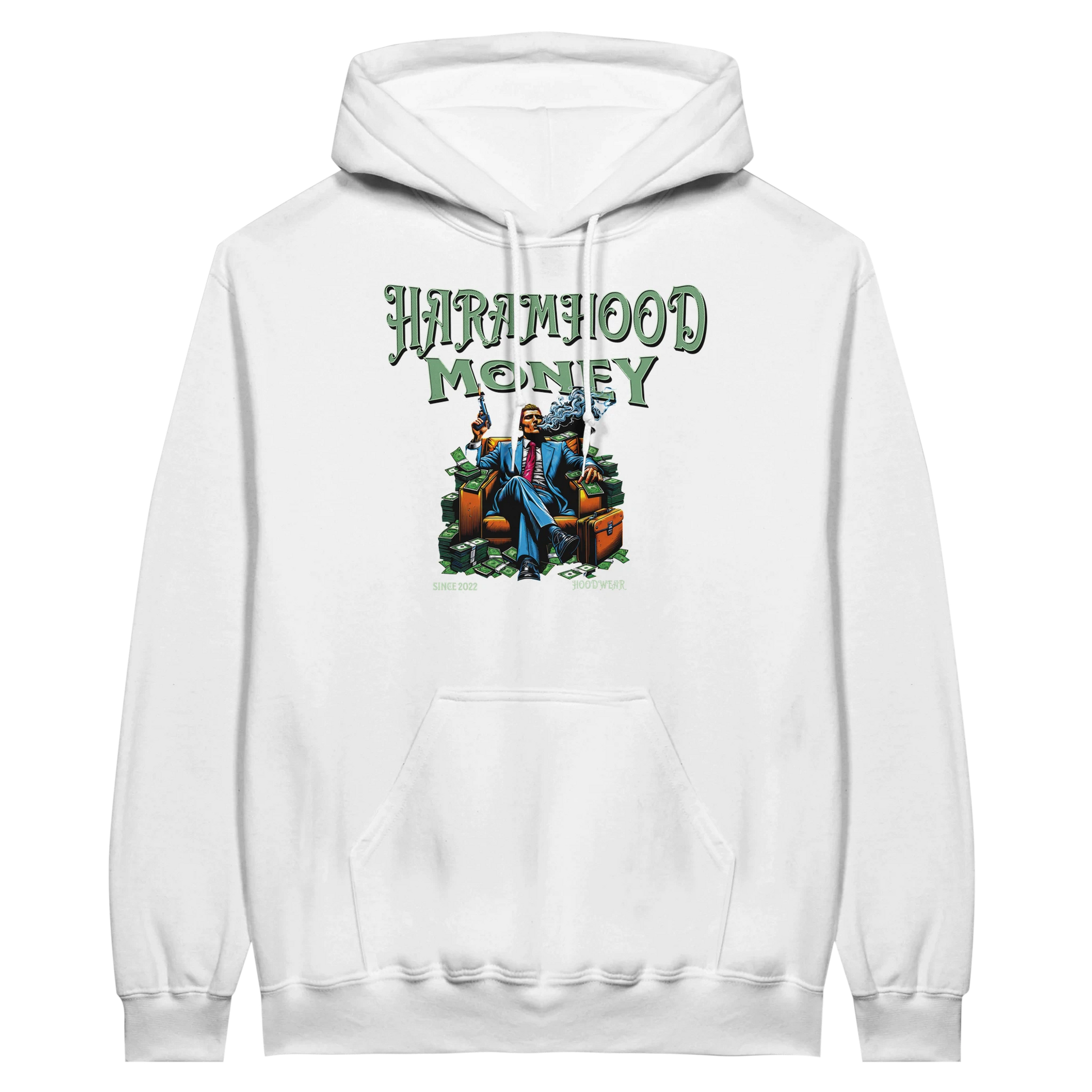 Haramhood Money Hoodie Weiß Rückseite - Diagonaler grüner Schriftzug auf weißem Premium Hoodie