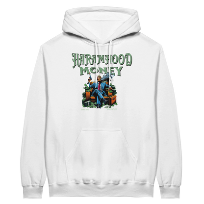 Haramhood Money Hoodie Weiß Rückseite - Diagonaler grüner Schriftzug auf weißem Premium Hoodie