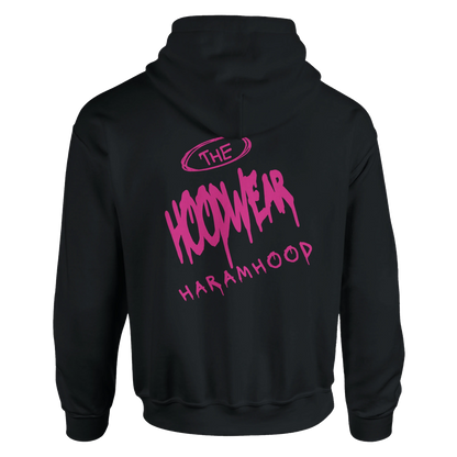7HARAMHOOD White Graffiti 7H Hoodie – Mausgrau Rückansicht mit Dunkelpink Graffiti 'THE HOODWEAR' Schriftzug