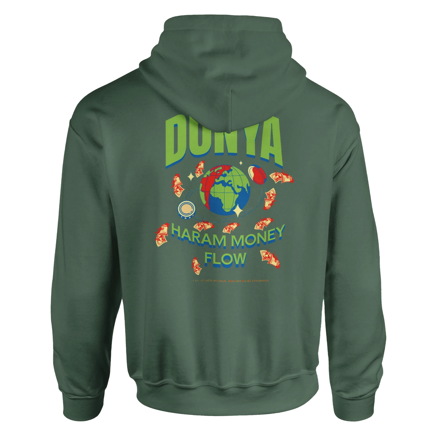 Dunkelgrünes Hoodie, Rückansicht, mit Print, Produktbild für Onlineshop