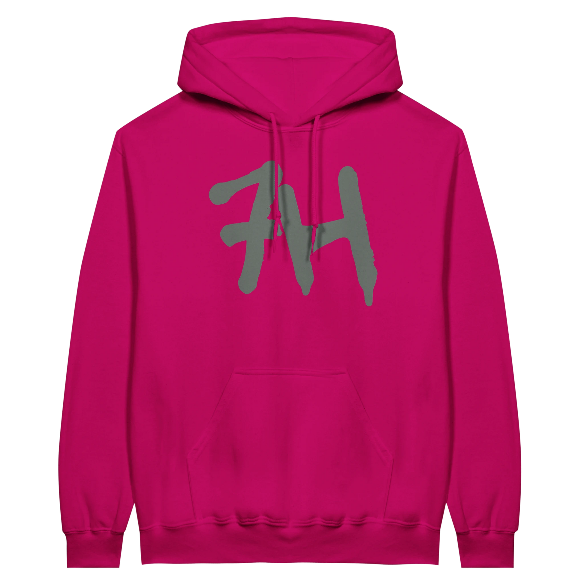 7HARAMHOOD White Graffiti 7H Hoodie – Mausgrau auf einem pinken Hoodie mit grauem Logo.