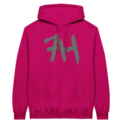 7HARAMHOOD White Graffiti 7H Hoodie – Mausgrau auf einem pinken Hoodie mit grauem Logo.