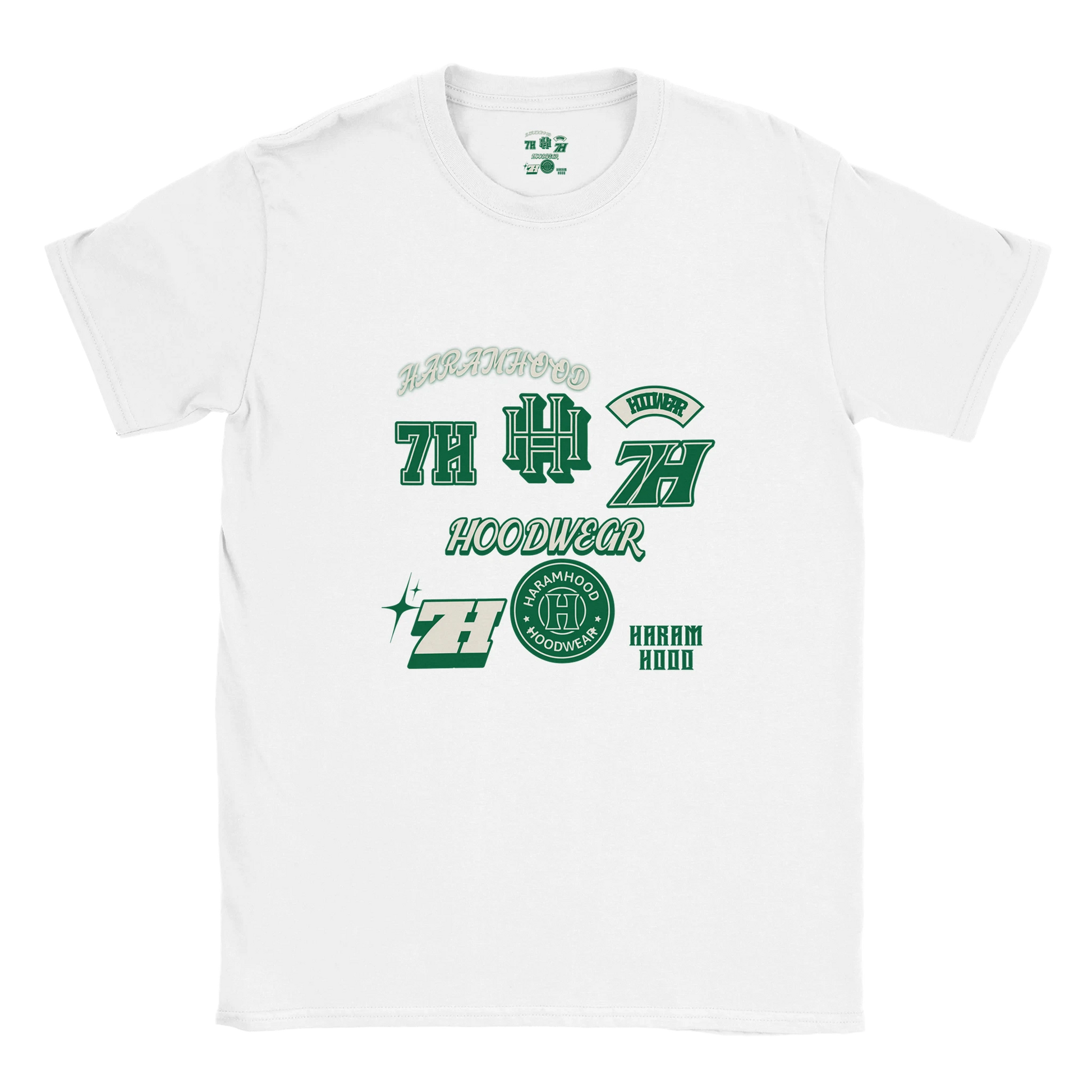 7HARAMHOOD Multi Sticker Badge T-Shirt White Green Streetwear Vorderseite