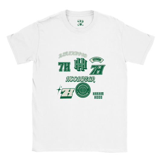 7HARAMHOOD Multi Sticker Badge T-Shirt White Green Streetwear Vorderseite