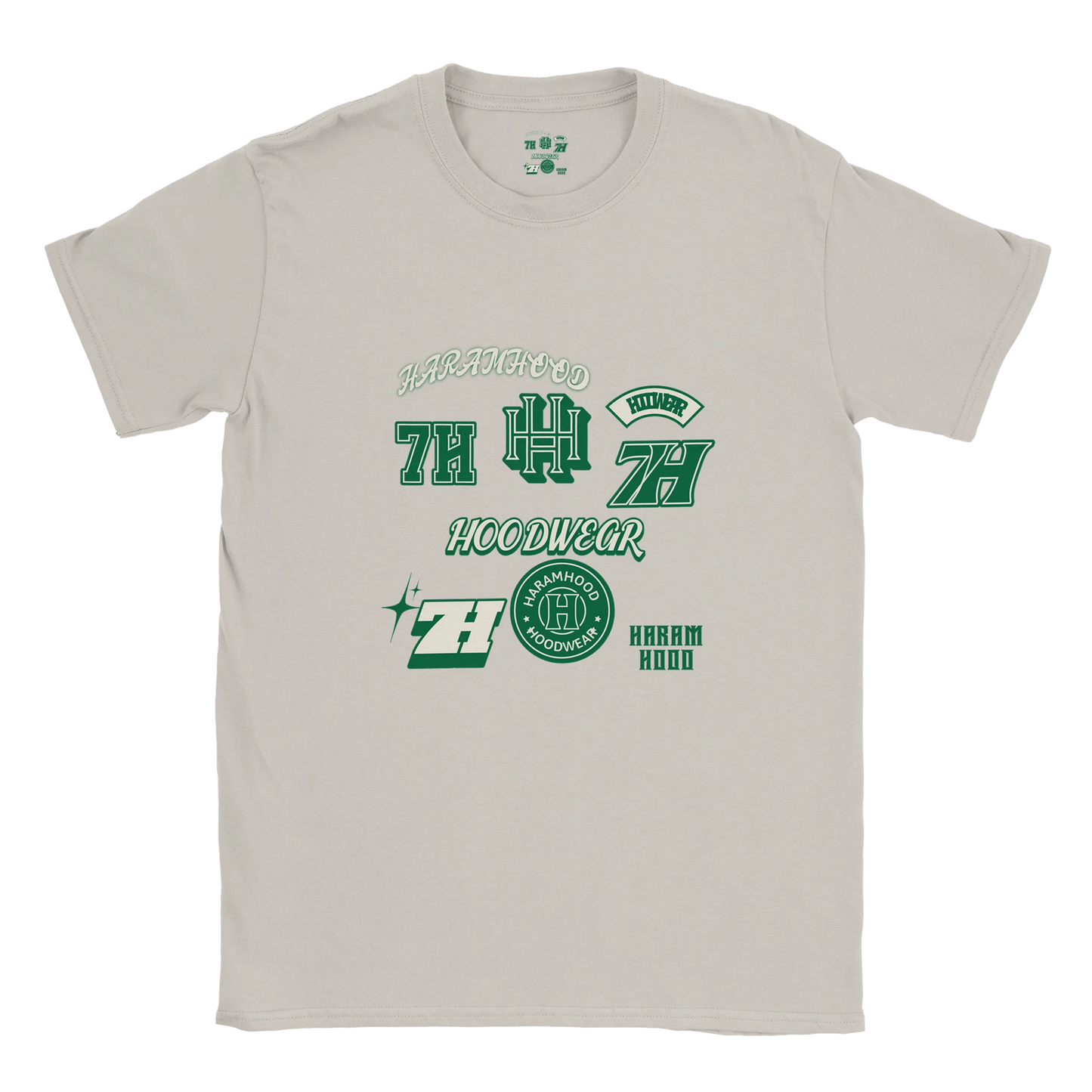 7HARAMHOOD Multi Sticker Badge T-Shirt White Green Streetwear Detail Print