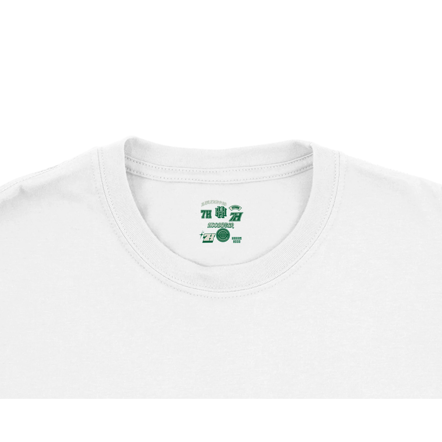 7HARAMHOOD Multi Sticker Badge T-Shirt White Green Streetwear Flat Lay