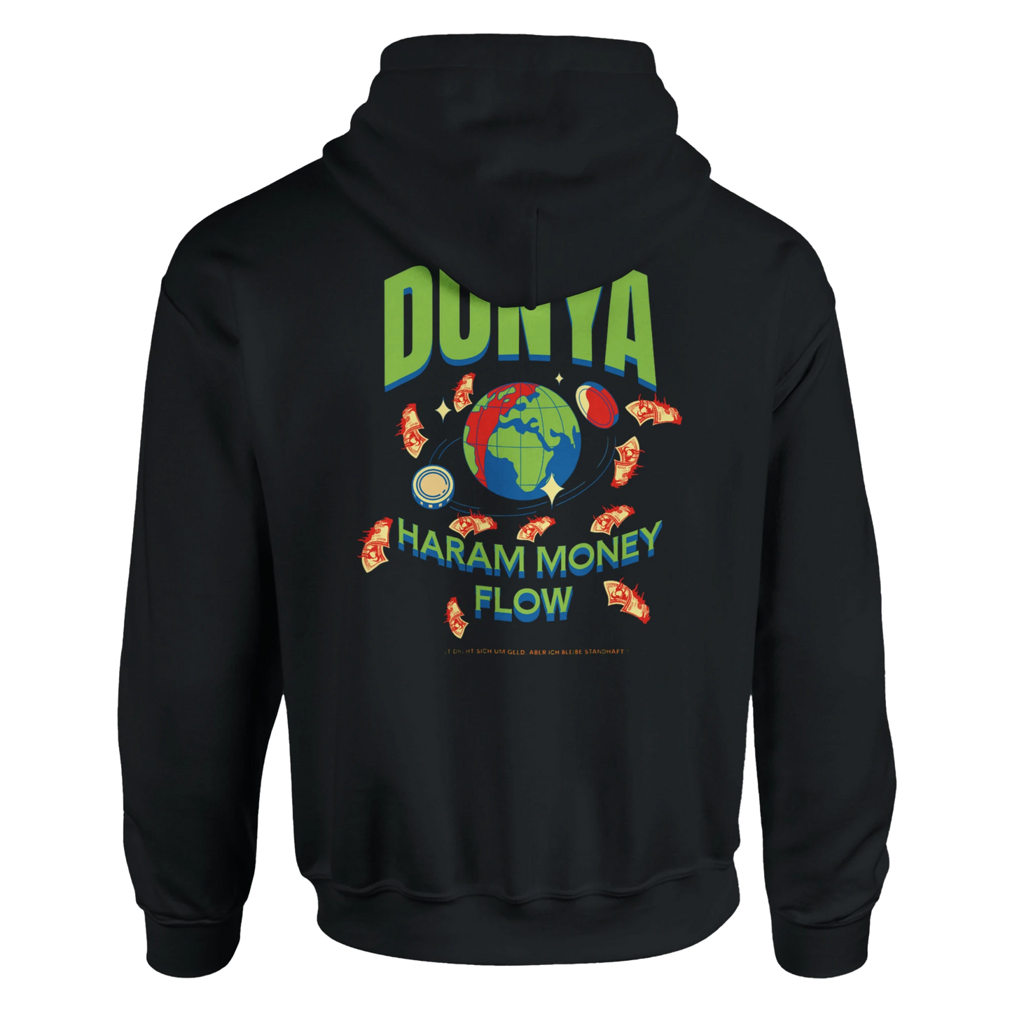 Schwarzes Hoodie, Rückansicht, mit Print, Produktbild für Onlineshop