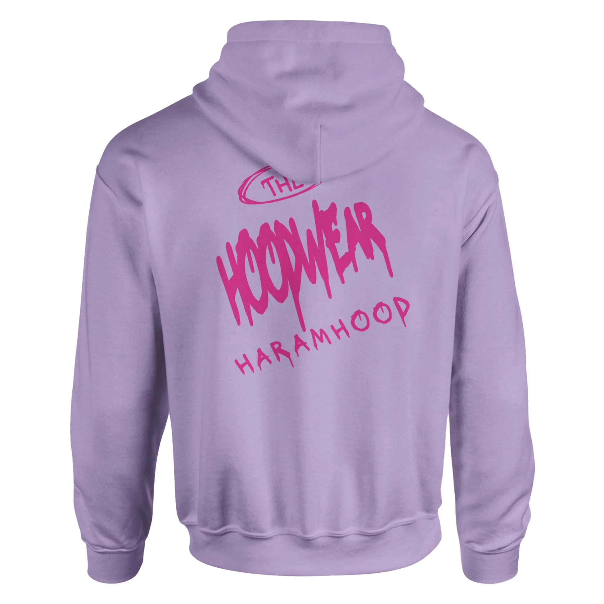 7HARAMHOOD White Graffiti 7H Hoodie – Mausgrau Rückansicht mit dunkelpinkem Graffiti-Design und 7H-Logo.