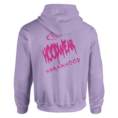 7HARAMHOOD White Graffiti 7H Hoodie – Mausgrau Rückansicht mit dunkelpinkem Graffiti-Design und 7H-Logo.