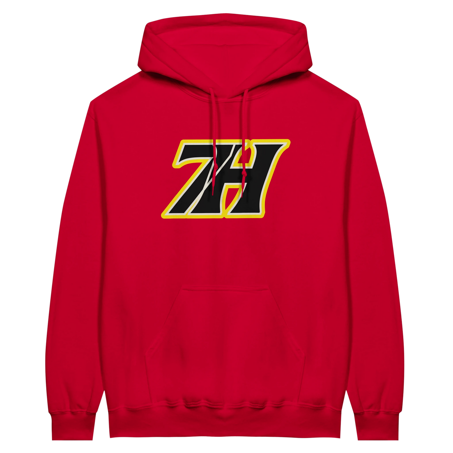 Produktname: 7H Logo Hoodie Black/Yellow
ALT-Text: 7H Logo Hoodie Black Yellow Premium Hoodwear Köln Front-Ansicht Unisex
