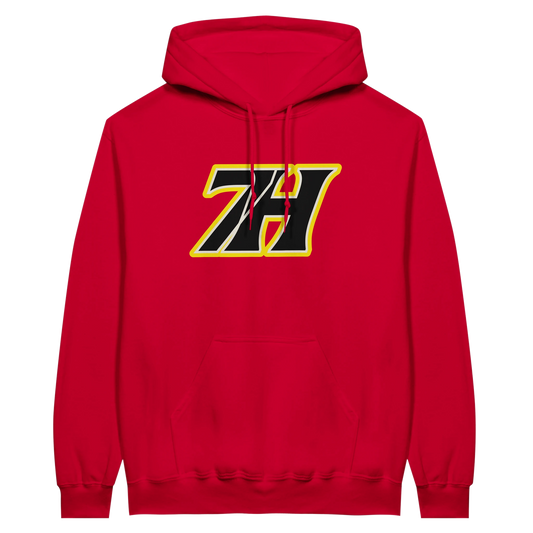 Produktname: 7H Logo Hoodie Black/Yellow
ALT-Text: 7H Logo Hoodie Black Yellow Premium Hoodwear Köln Front-Ansicht Unisex
