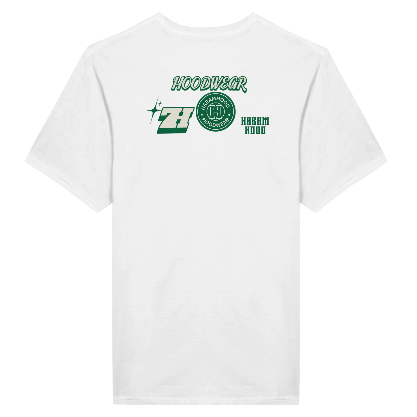 7HARAMHOOD Multi Sticker Badge T-Shirt White Green Streetwear Model