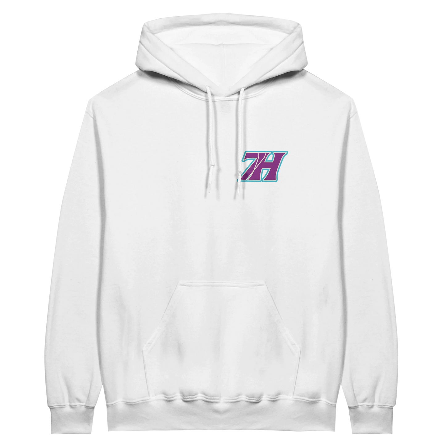 Weißer 7H Hoodwear Hoodie mit türkis-violettem Front- und Rückenprint - Haramhood
