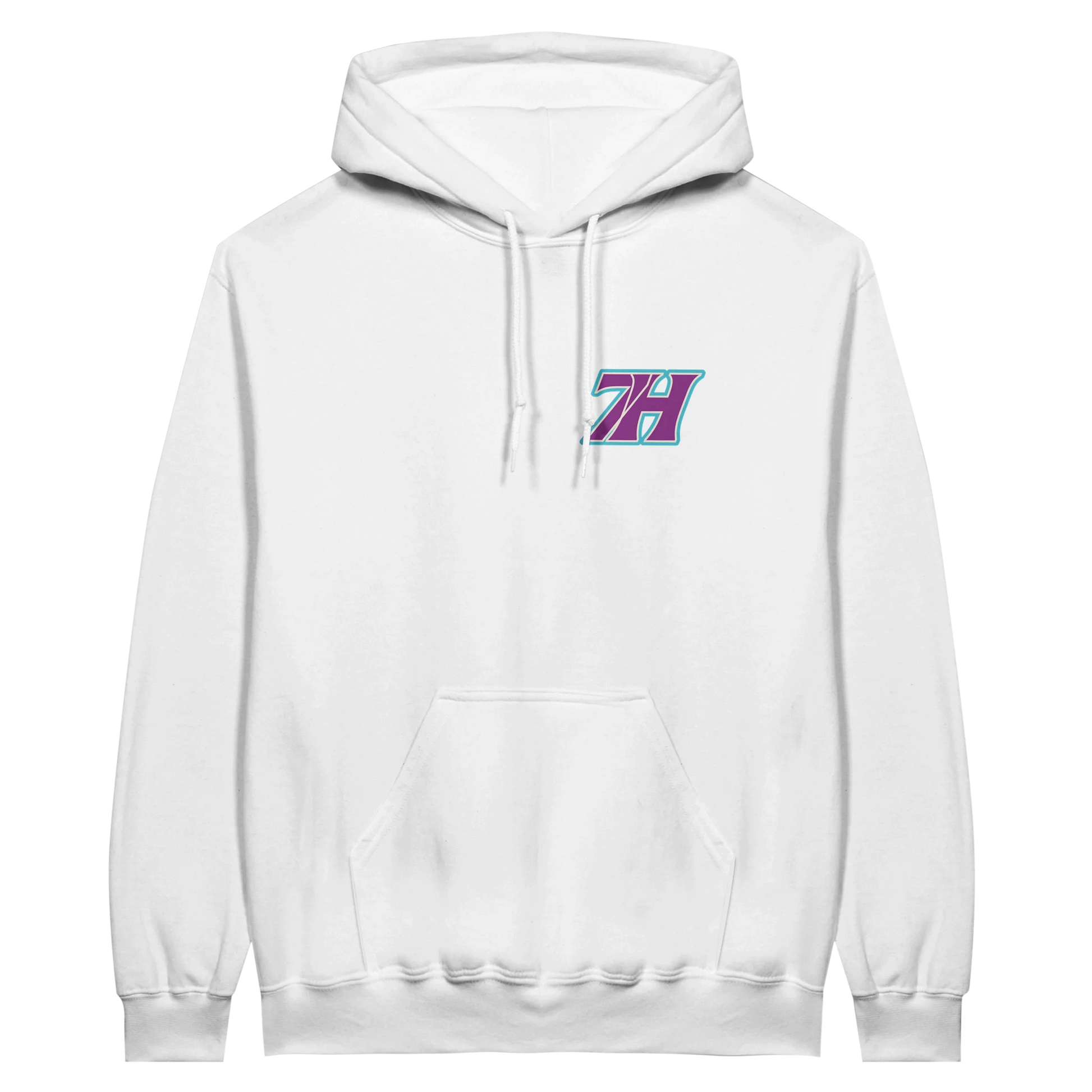 Weißer 7H Hoodwear Hoodie mit türkis-violettem Front- und Rückenprint - Haramhood
