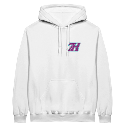 Weißer 7H Hoodwear Hoodie mit türkis-violettem Front- und Rückenprint - Haramhood
