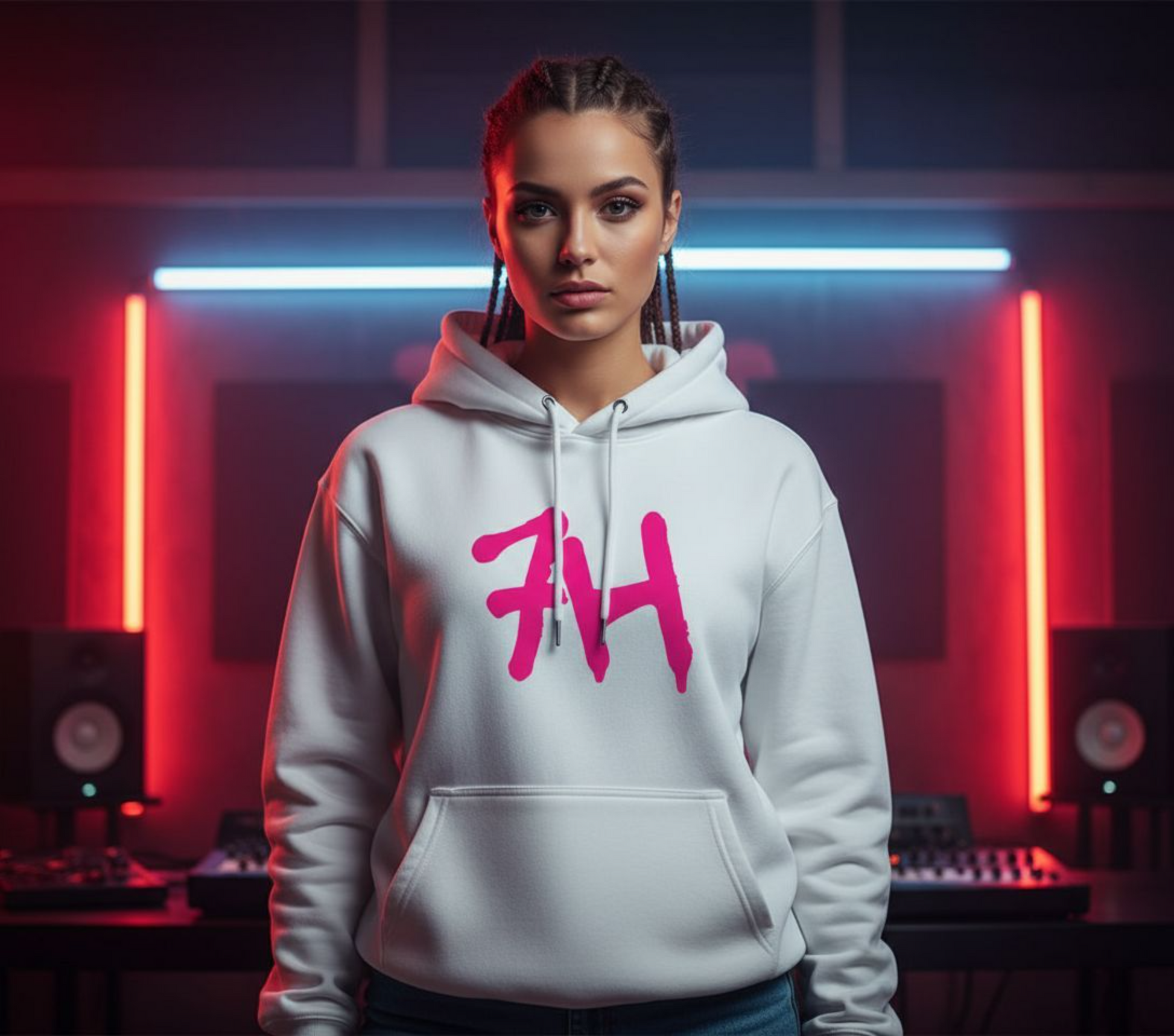 Model wearing 7HARAMHOOD White Graffiti 7H Hoodie – Mausgrau in a modern music studio setting.