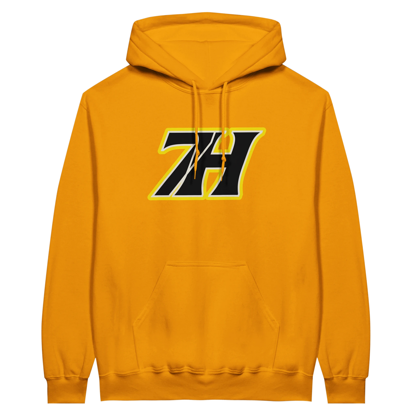 7H Hoodie Orange Frontansicht - Gelb-schwarzes Logo - Haramhood Streetwear
