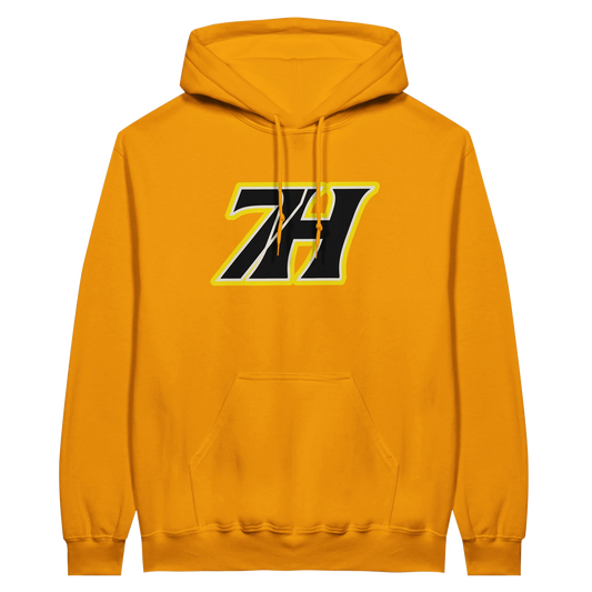 7H Hoodie Orange Frontansicht - Gelb-schwarzes Logo - Haramhood Streetwear
