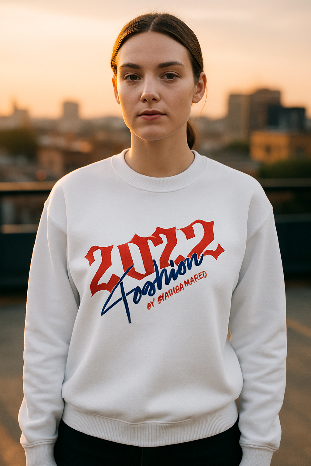 Weißer Street Soul Hoodie Frontansicht - Rot-Blauer Print Haramhood Hoodwear
