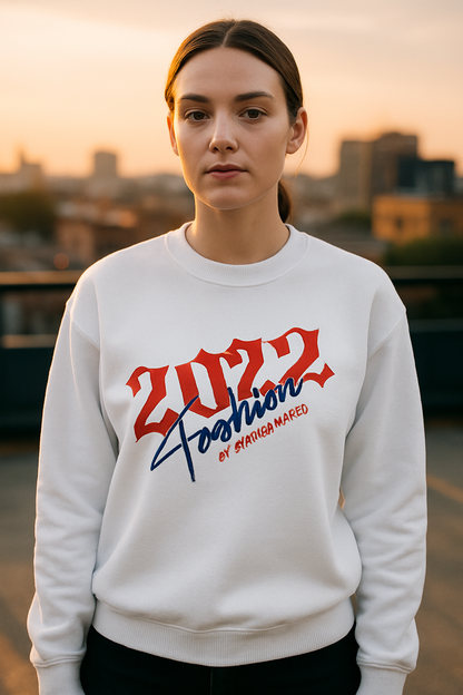 Weißer Street Soul Hoodie Frontansicht - Rot-Blauer Print Haramhood Hoodwear
