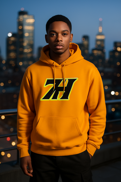 Schwarzer 7H Logo Hoodie mit gelbem Print - Haramhood Signature Design
