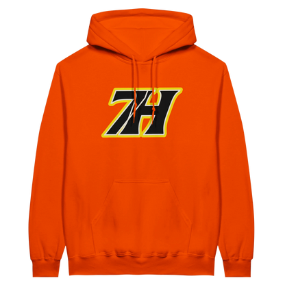 Oranger 7H Hoodwear Hoodie mit gelb-schwarzem Front- und Rückenprint - Haramhood Streetwear
