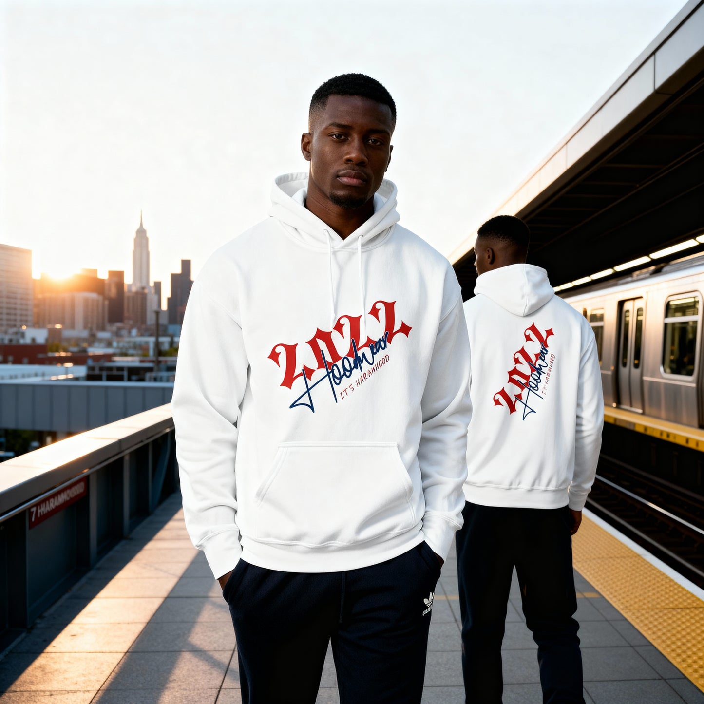 Weißer Street Soul Hoodie Frontansicht - Rot-Blauer Print Haramhood Hoodwear
