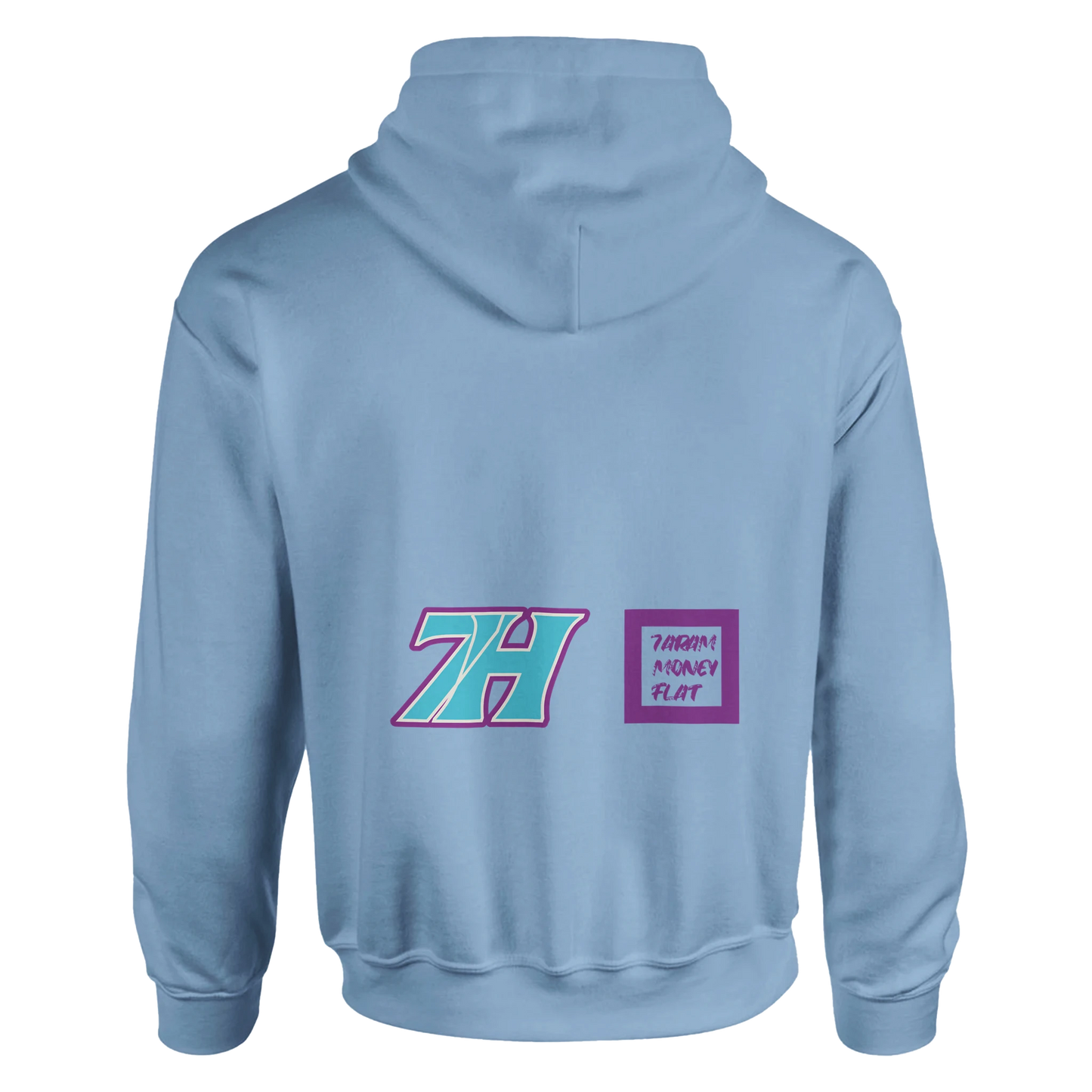 Weißer 7H Hoodie Rückansicht - Türkis-violetter Backprint Haramhood
