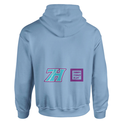 Weißer 7H Hoodie Rückansicht - Türkis-violetter Backprint Haramhood
