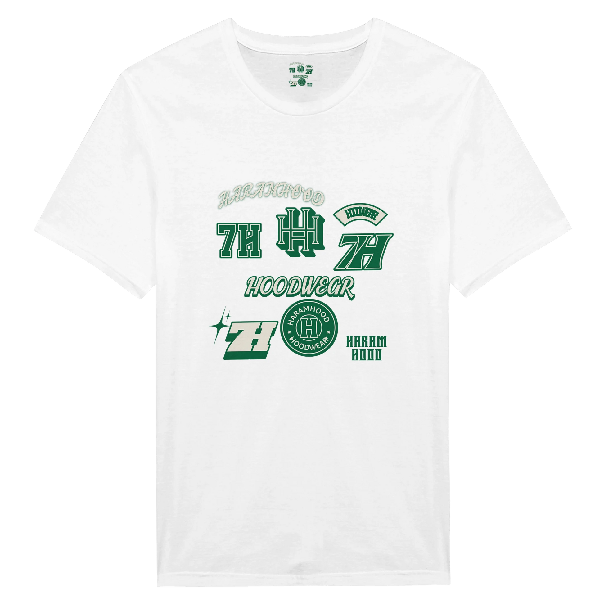 7HARAMHOOD Multi Sticker Badge T-Shirt White Green Streetwear Nahaufnahme