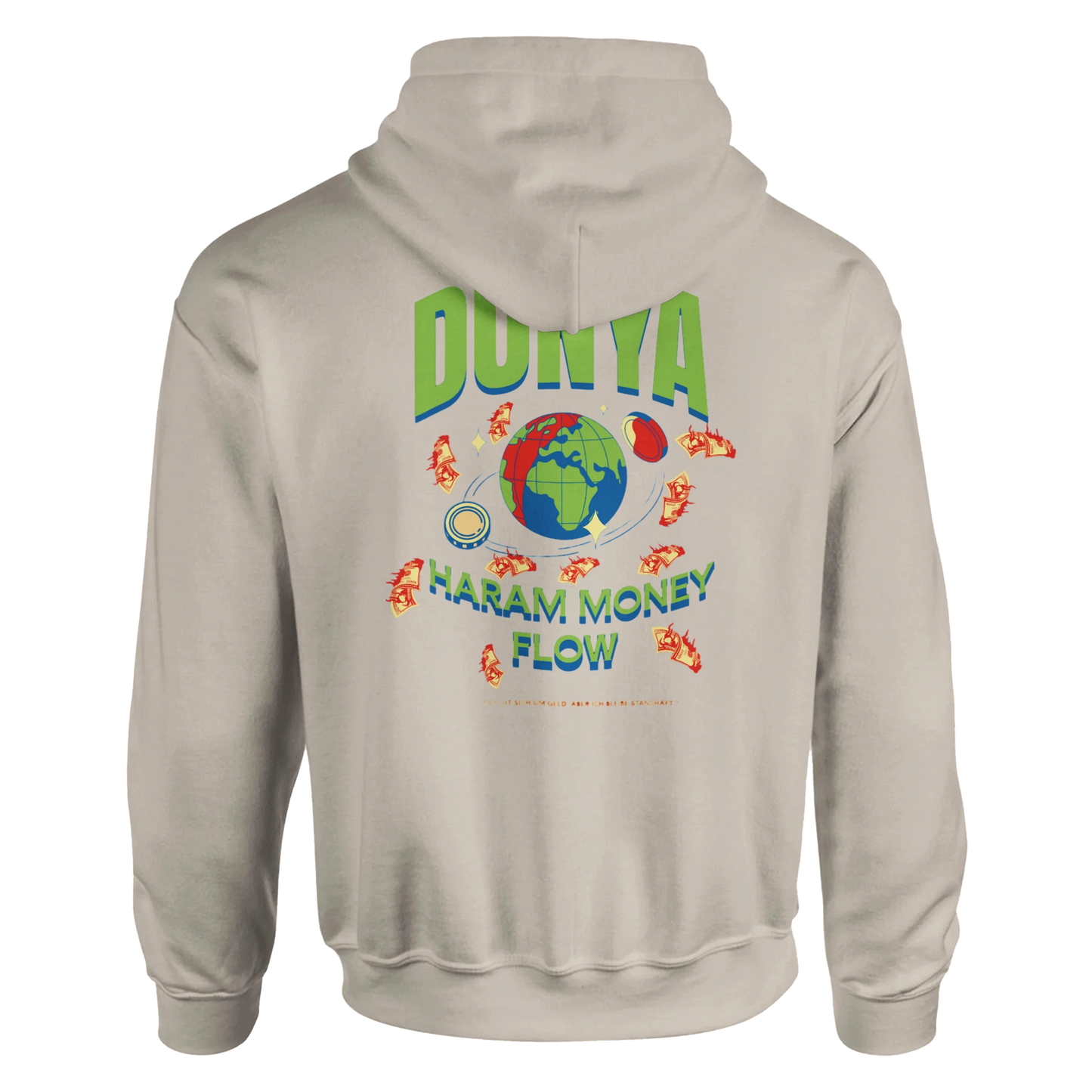 Beiges Hoodie, Rückansicht, mit Print, Produktbild für Onlineshop