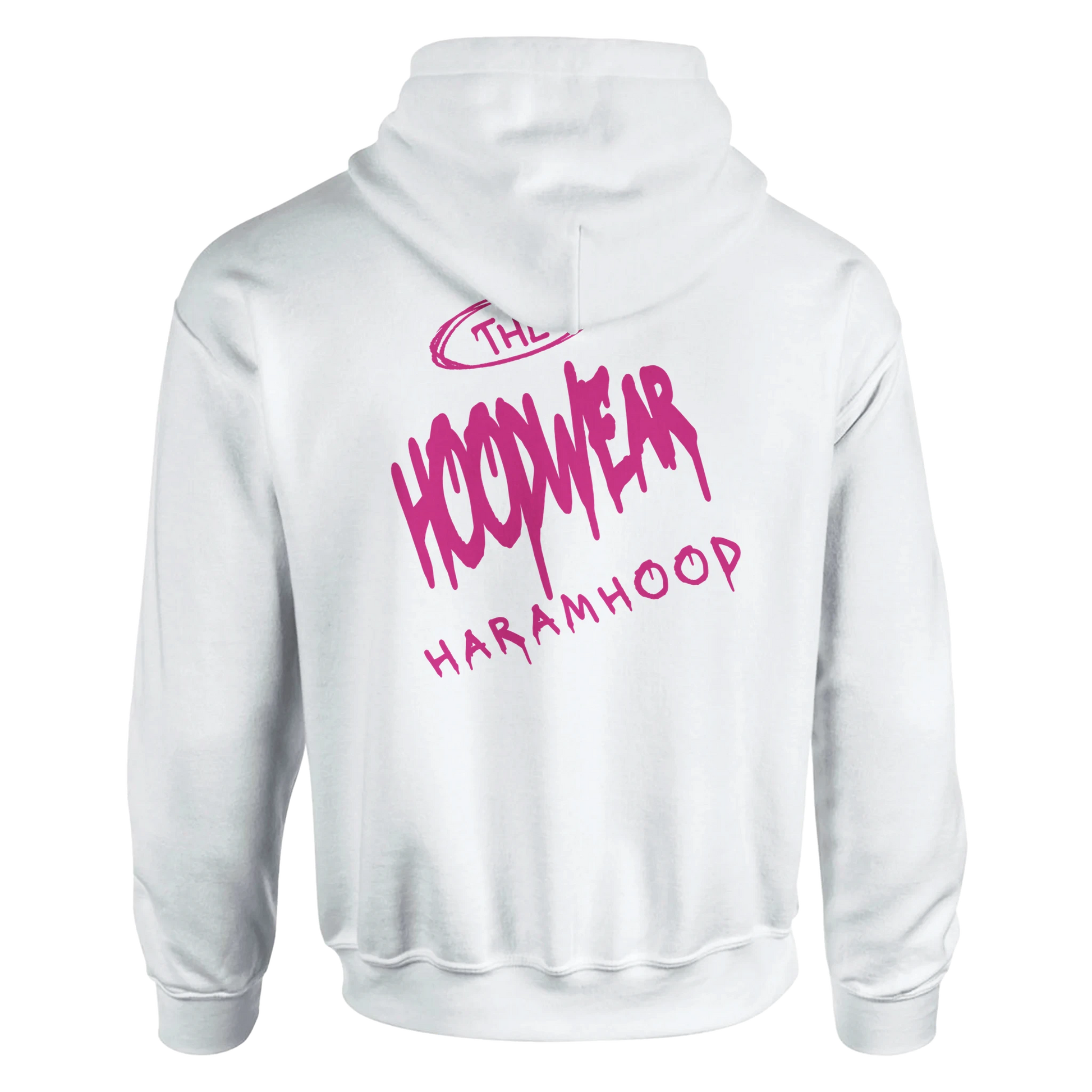 7HARAMHOOD White Graffiti 7H Hoodie – Mausgrau Rückansicht mit Dunkelpinkem Graffiti-Design.