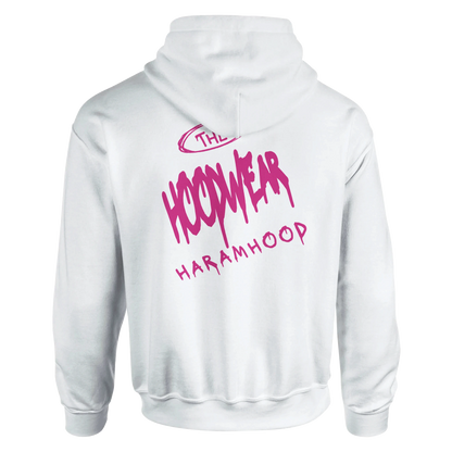7HARAMHOOD White Graffiti 7H Hoodie – Mausgrau Rückansicht mit Dunkelpinkem Graffiti-Design.