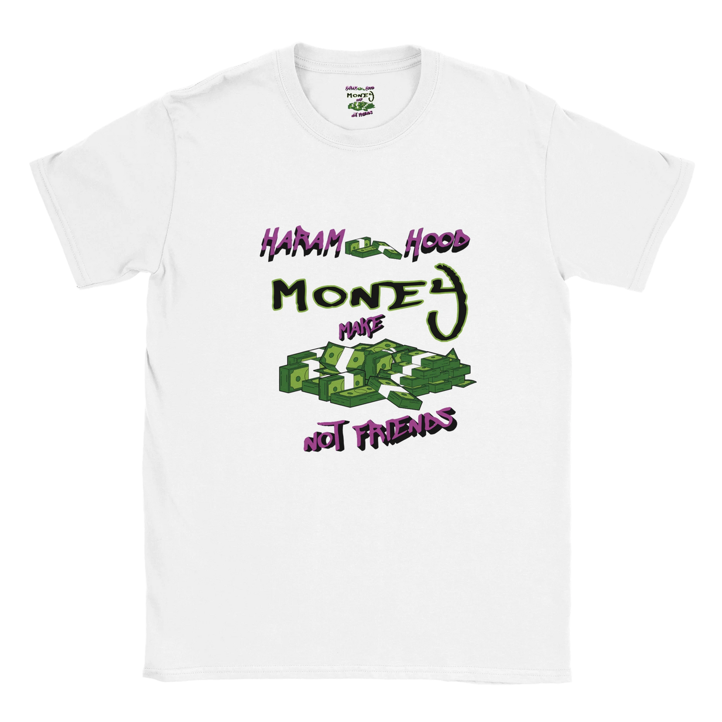 7HARAMHOOD Money Not Friends T-Shirt White Green Purple Streetwear Vorderseite