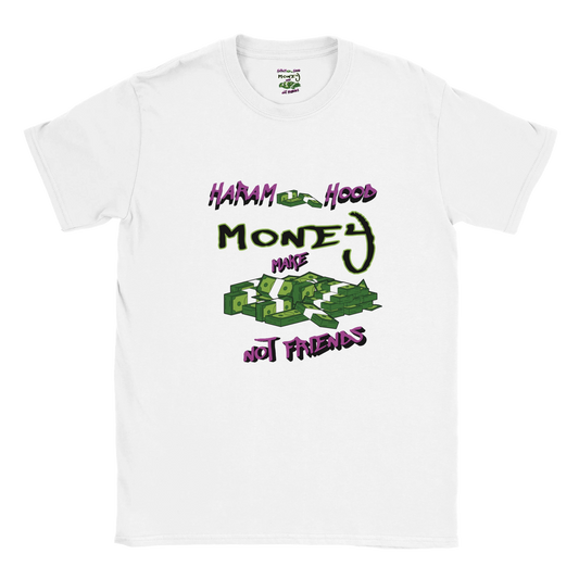 7HARAMHOOD Money Not Friends T-Shirt White Green Purple Streetwear Vorderseite