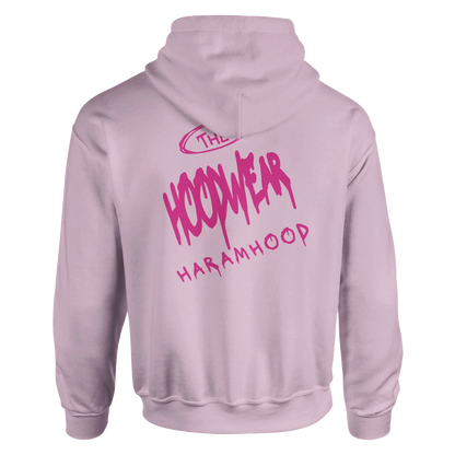7HARAMHOOD White Graffiti 7H Hoodie – Mausgrau - Rückansicht mit Dunkelpink Graffiti-Design auf pinkem Hoodie.