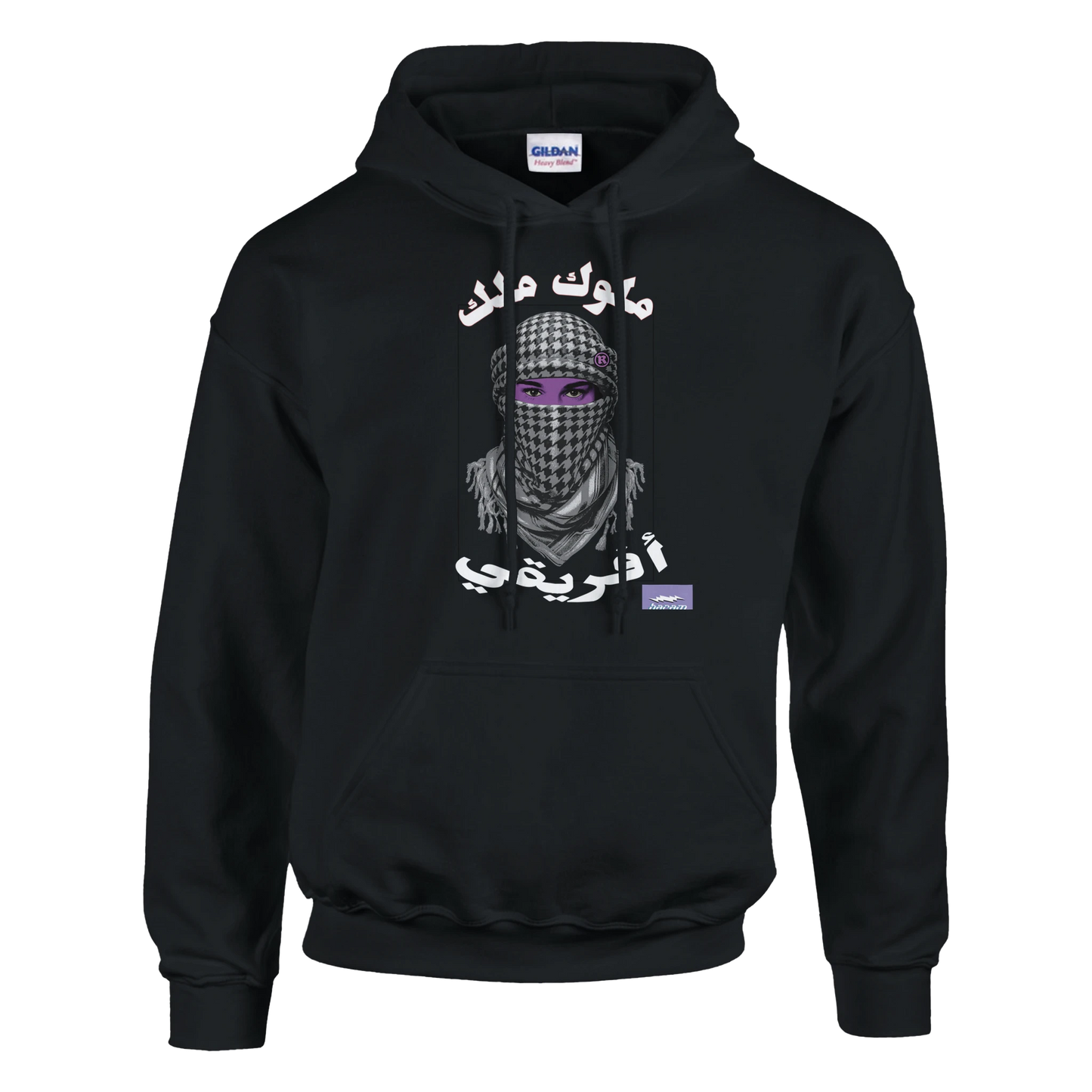 7HARAMHOOD Desert Warrior Hoodie weiß mit schwarzem Kufiya-Muster, lila Augen-Akzenten und arabischer Kalligrafie - Premium Streetwear Kapuzenpullover