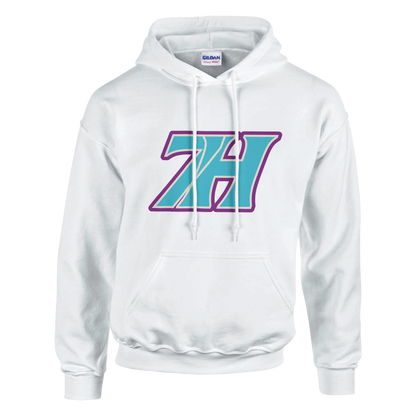 Weißer 7H Hoodie Trageansicht - Türkis-violettes Design Haramhood
