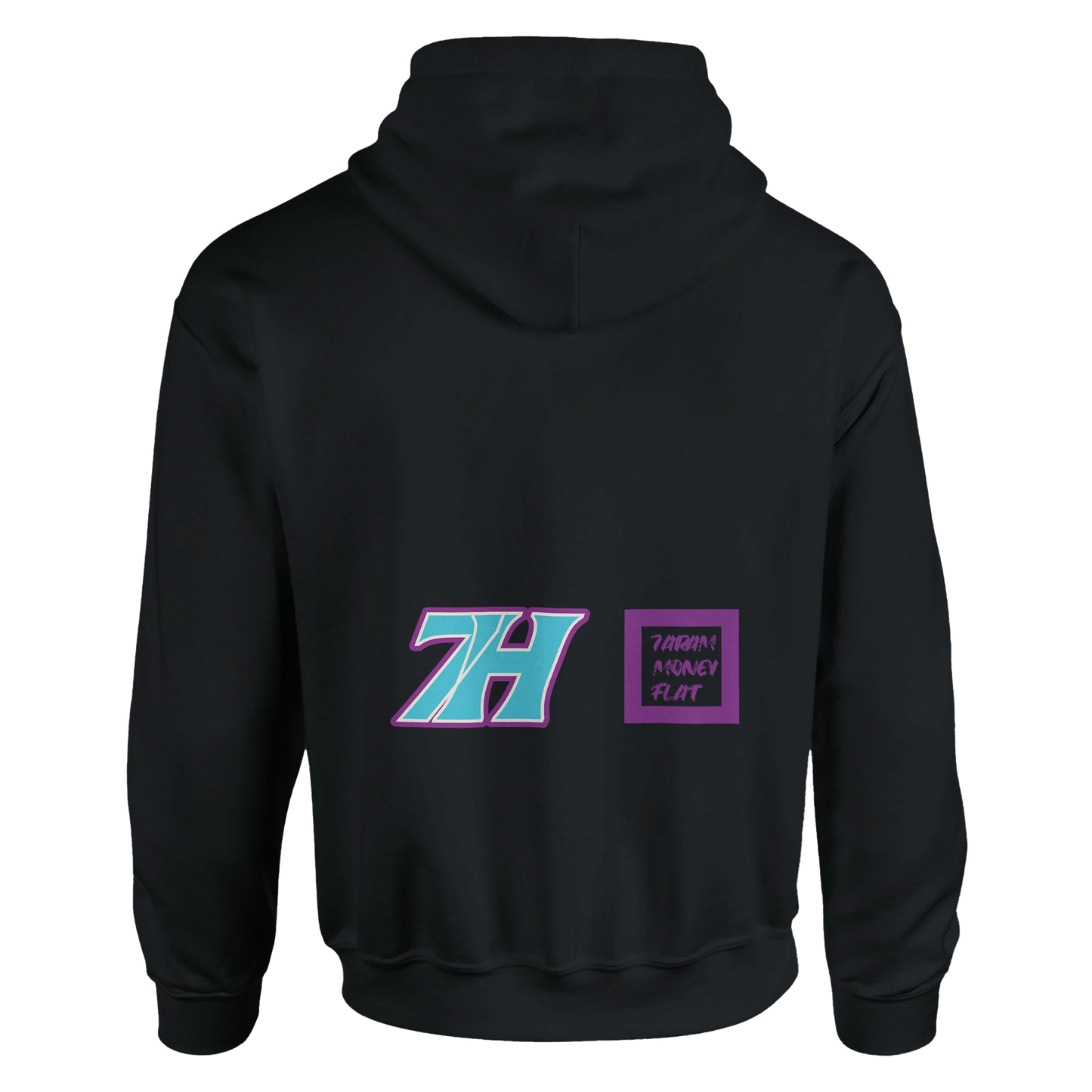 7H Hoodie Cyan Purple Detailansicht - Türkis-violettes Logo - Haramhood Streetwear
