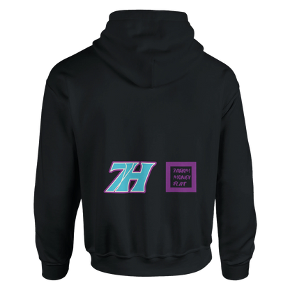 7H Hoodie Cyan Purple Detailansicht - Türkis-violettes Logo - Haramhood Streetwear
