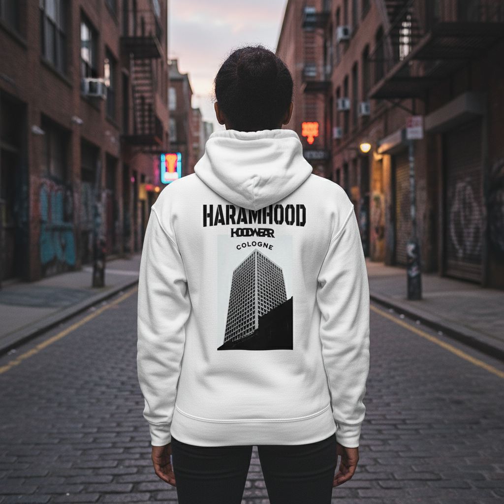 Weißer Cologne Hoodie Trageansicht - Hood Message Design Haramhood
