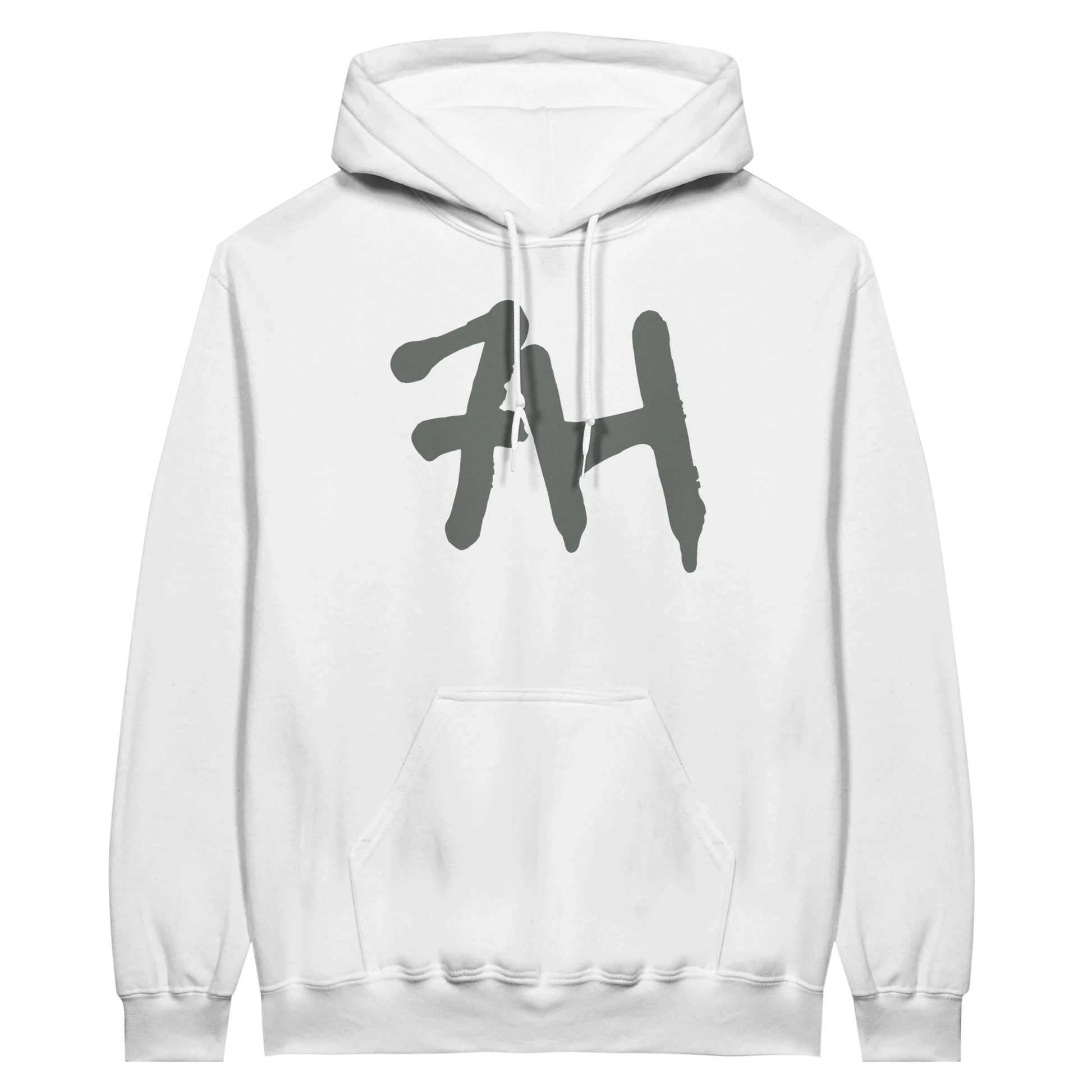 Weißer 7H Hoodie mit mausgrauem Graffiti Logo Frontansicht - Haramhood Hoodwear
