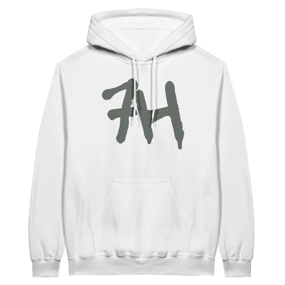 Weißer 7H Hoodie mit mausgrauem Graffiti Logo Frontansicht - Haramhood Hoodwear

