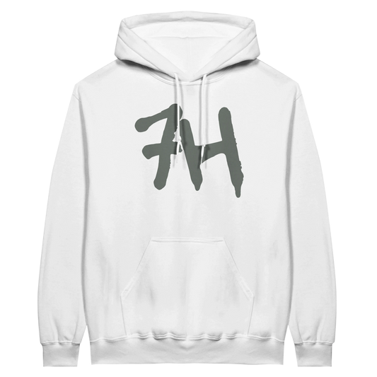 Weißer 7H Hoodie mit mausgrauem Graffiti Logo Frontansicht - Haramhood Hoodwear
