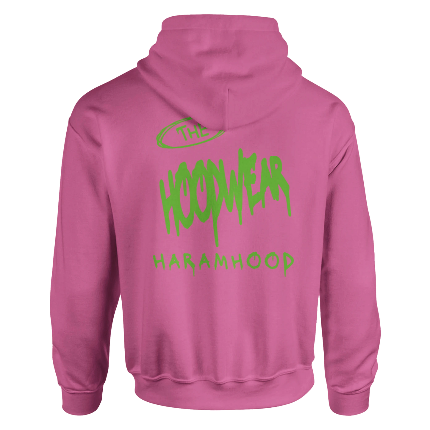 7HARAMHOOD White Graffiti 7H Hoodie – Mausgrau Rückansicht mit Graffiti-Design in Dunkelpink und grünem Schriftzug.