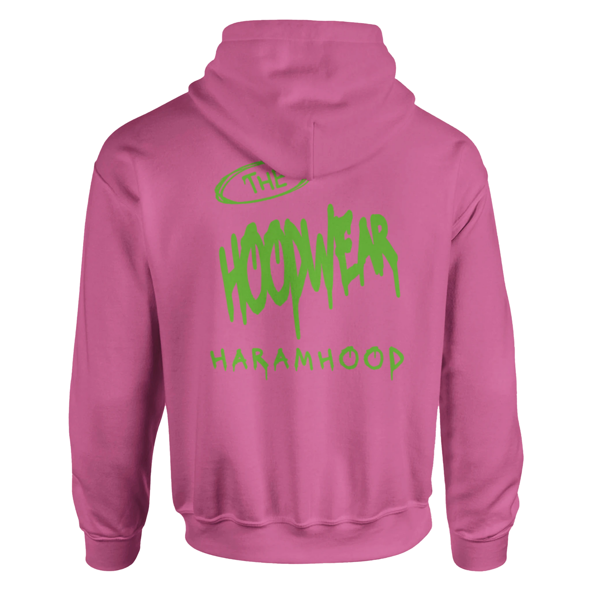 7HARAMHOOD White Graffiti 7H Hoodie – Mausgrau Rückansicht mit Graffiti-Design in Dunkelpink und grünem Schriftzug.